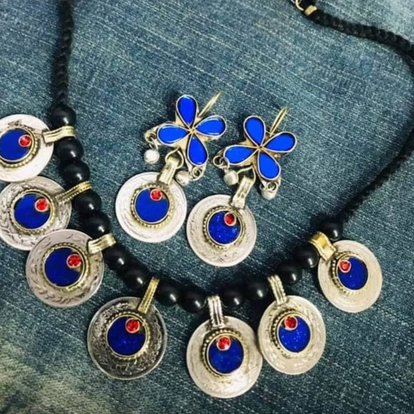 Afghan Tribal Vintage Coins Jewelry Set, Necklace With Earrings, Glass Stones - Picture 2 of 2